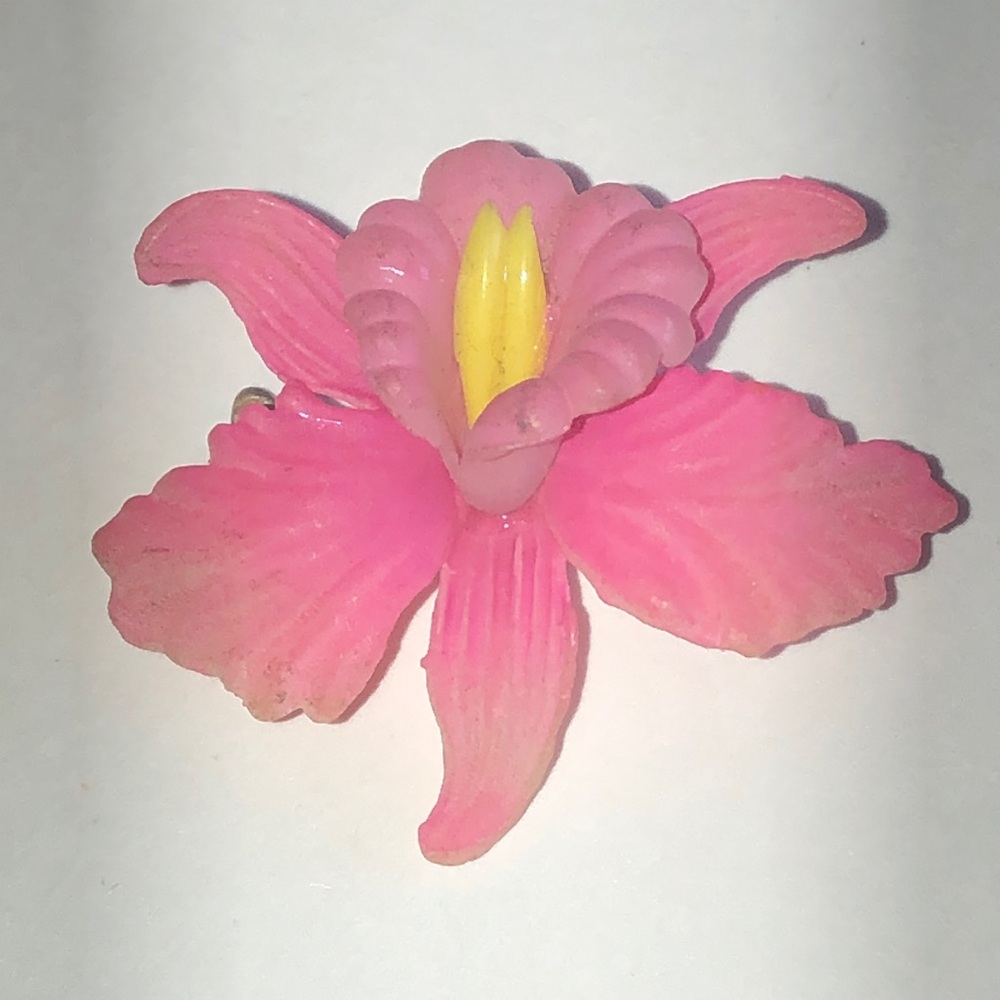 Vintage Pink Orchid Flower Brooch with Yellow Center